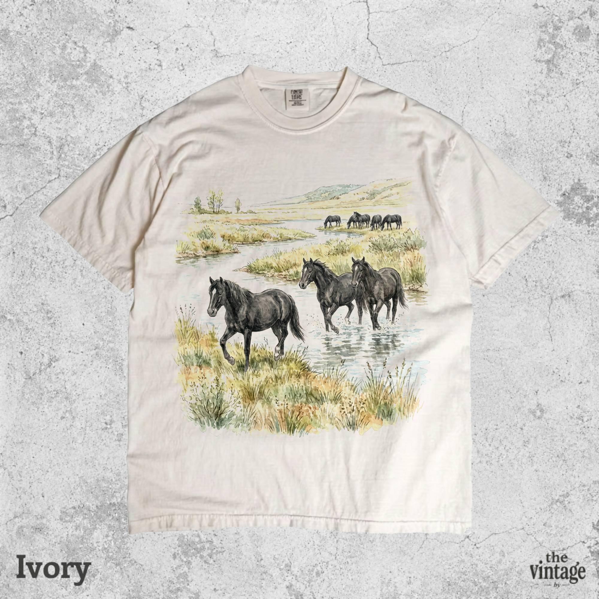 Wild Horses River Vintage Shirt, Retro Western Nature Comfort Colors Tee, Rustic Horse Graphic T-Shirt, Country Wildlife Landscape Shirt