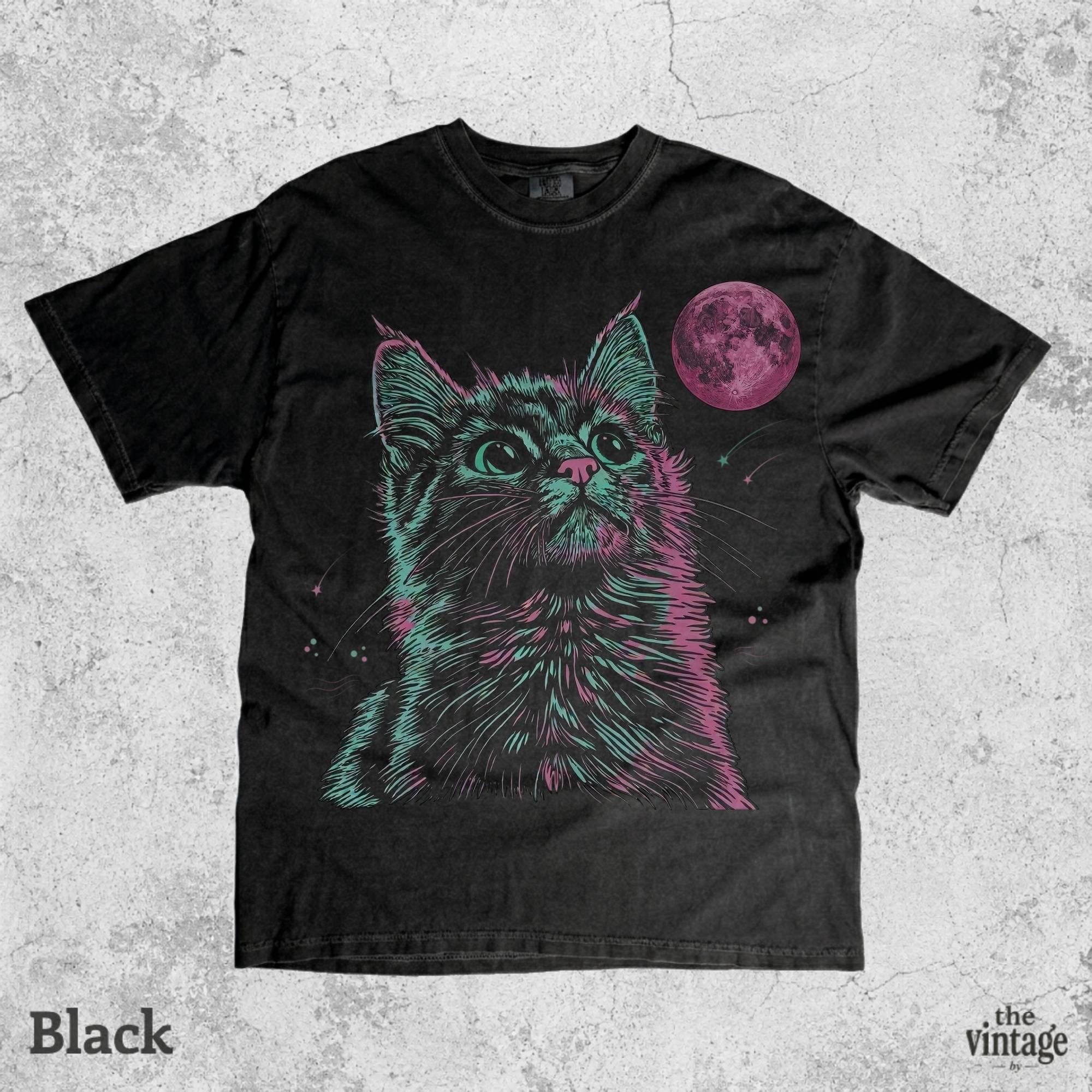 Psychedelic Cat Shirt, Vaporwave Graphic Tee, Retro Y2K Streetwear Shirt, Neon Cyber Cat Oversized Vintage T-Shirt