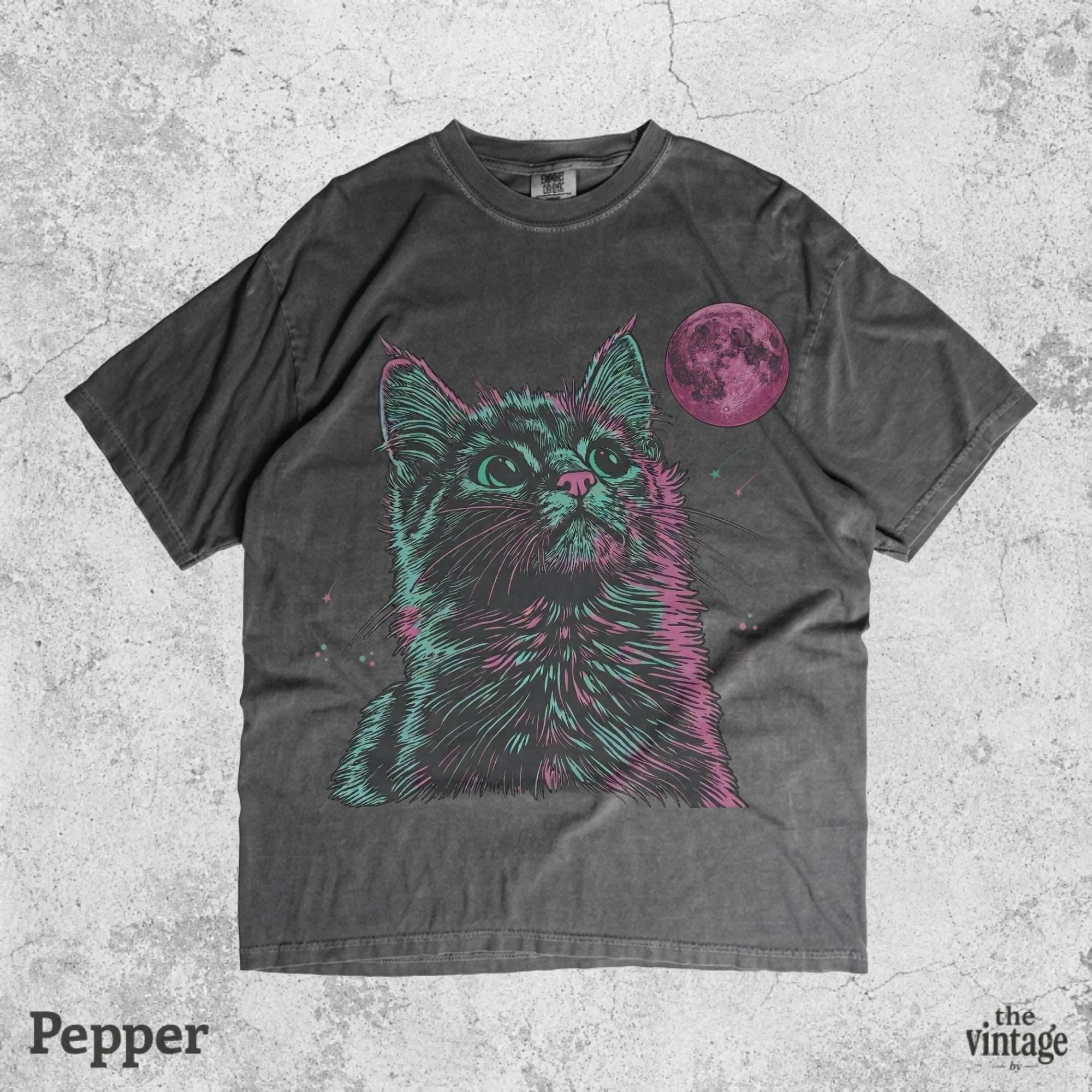 Psychedelic Cat Shirt, Vaporwave Graphic Tee, Retro Y2K Streetwear Shirt, Neon Cyber Cat Oversized Vintage T-Shirt