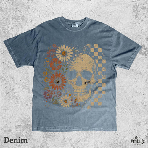 Boho Skull Graphic Tee, Vintage Grunge Comfort Colors Shirt, Retro Floral Skull Shirt, Checkered Goth Tee, Spooky Western Aesthetic Shirt