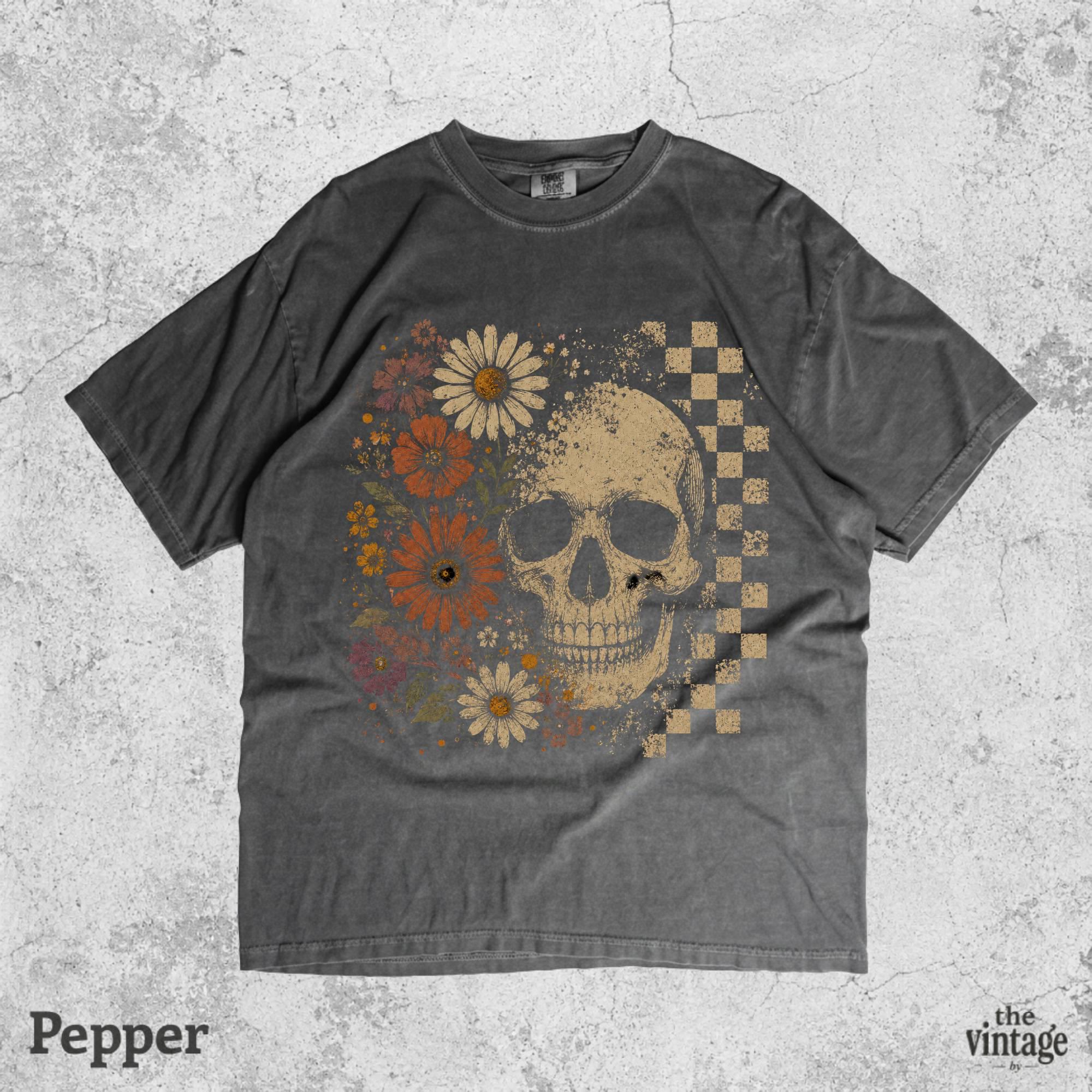 Boho Skull Graphic Tee, Vintage Grunge Comfort Colors Shirt, Retro Floral Skull Shirt, Checkered Goth Tee, Spooky Western Aesthetic Shirt