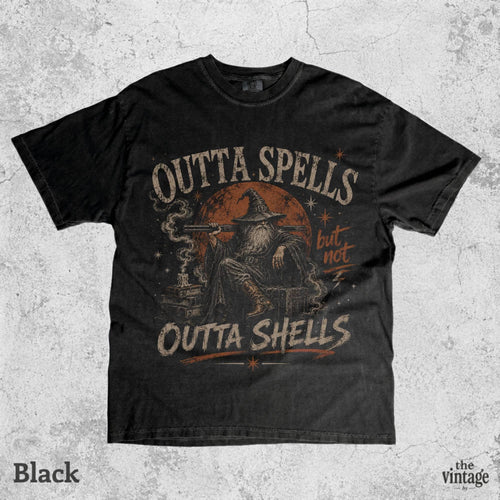 Funny Wizard Graphic Tee, Outta Spells But Not Outta Shells Shirt, Vintage Fantasy Meme Tee, Retro Dark Humor Wizard Shirt