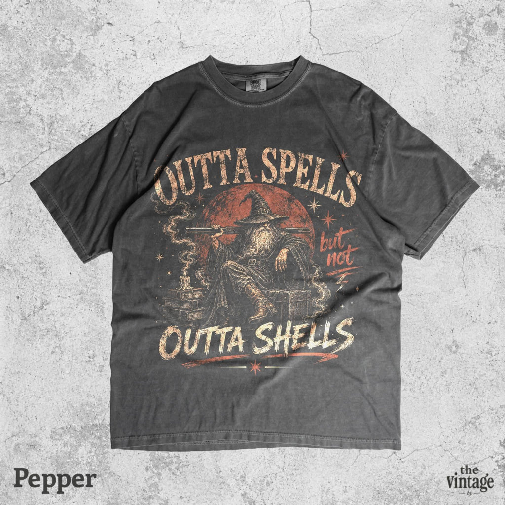 Funny Wizard Graphic Tee, Outta Spells But Not Outta Shells Shirt, Vintage Fantasy Meme Tee, Retro Dark Humor Wizard Shirt