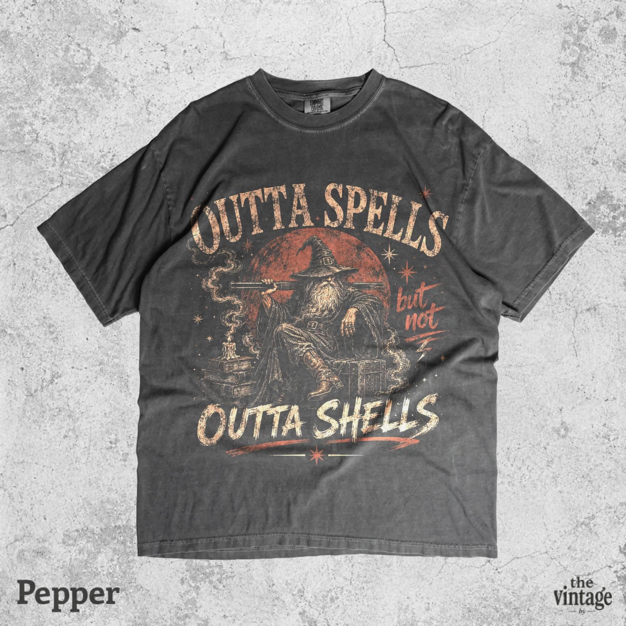 Funny Wizard Graphic Tee, Outta Spells But Not Outta Shells Shirt, Vintage Fantasy Meme Tee, Retro Dark Humor Wizard Shirt