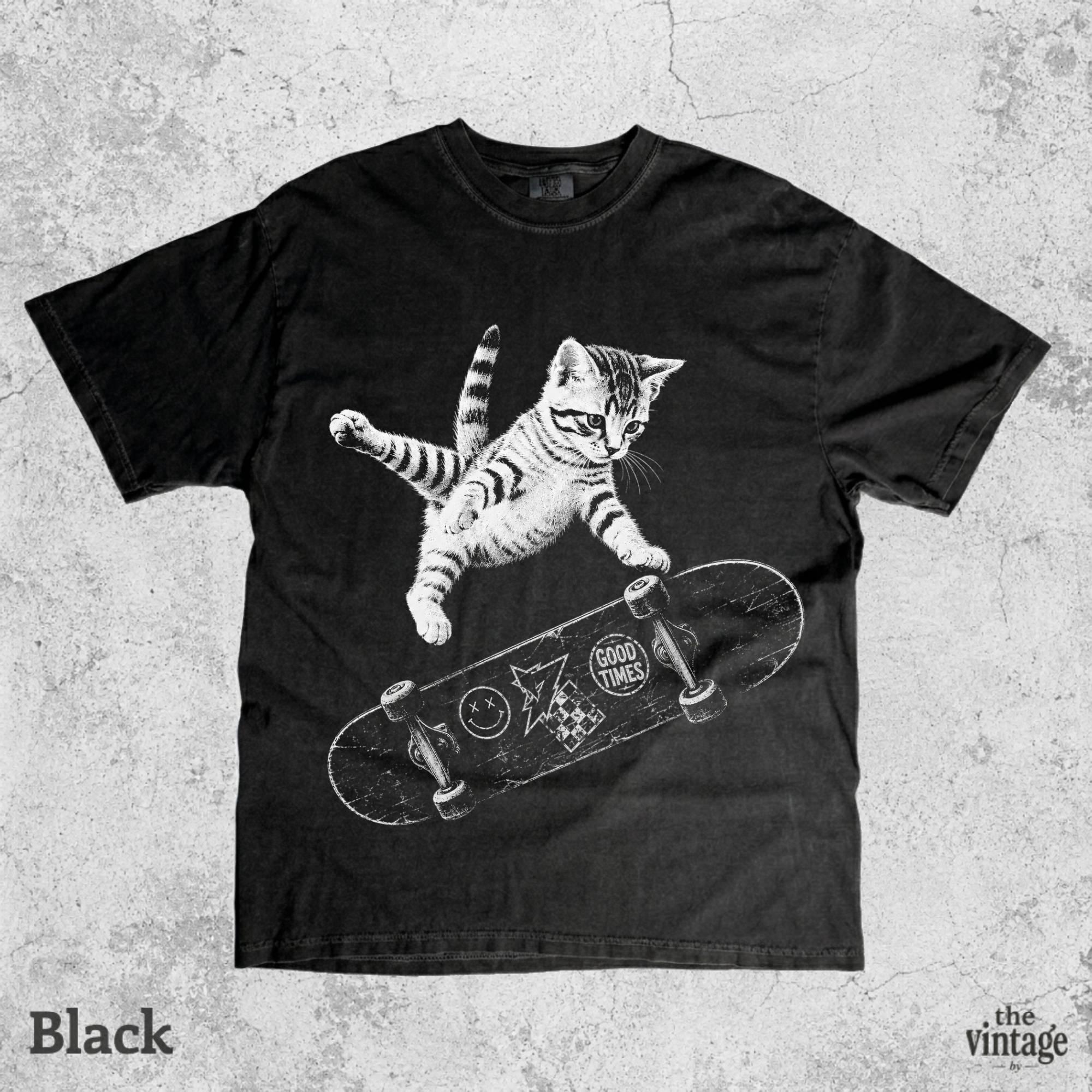 Vintage Retro Skateboarding Cat Graphic Tee, Comfort Colors Funny Kitten Shirt, Retro Skater Cat T-Shirt, Vintage Punk Streetwear Tee