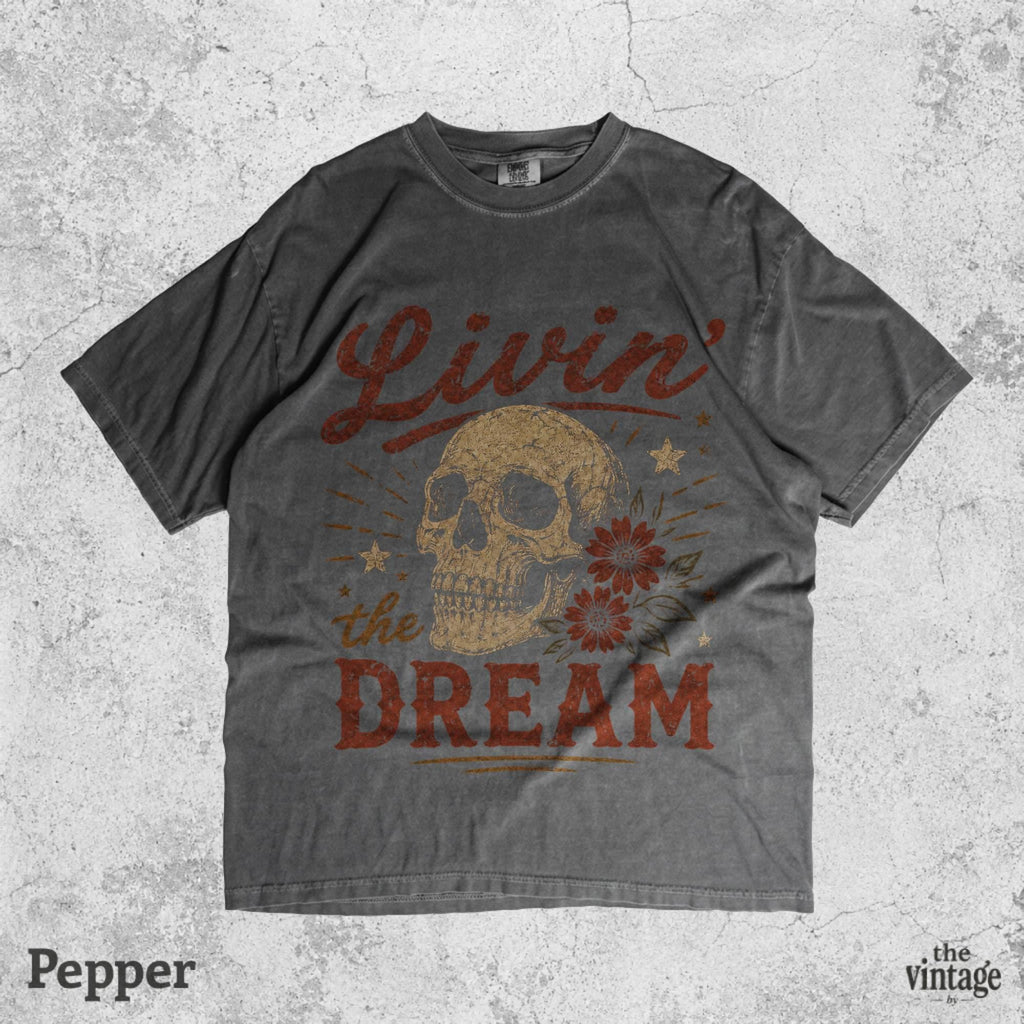 Livin The Dream Skull Vintage Graphic Tee, Retro Grunge Skull Shirt, Gothic Aesthetic Oversized T-Shirt, Distressed Rock Style Tee