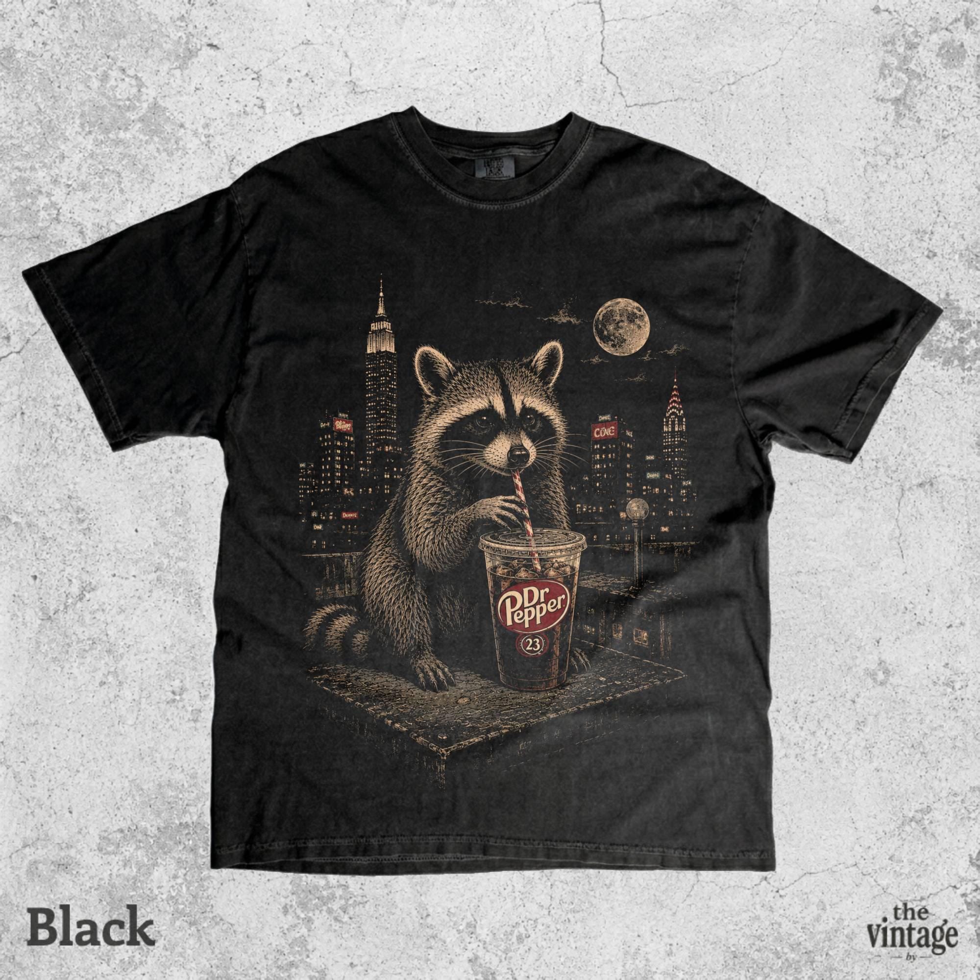 Vintage Retro Coffee Raccoon Graphic Tee | Comfort Colors Shirt | Old School Funny Animal T-Shirt | Night City Raccoon Tee