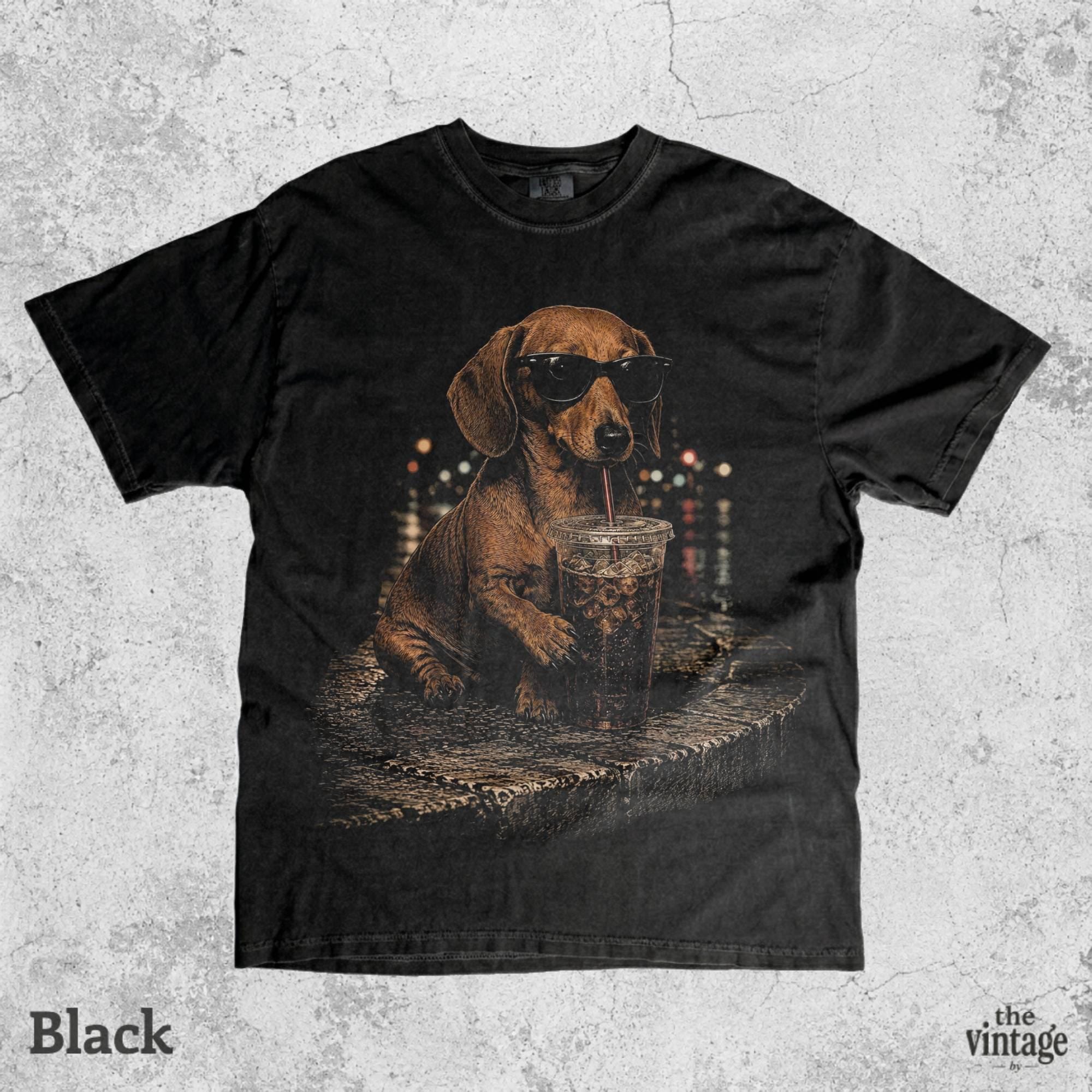 Vintage Retro Dachshund Drinking Ice Coffee Graphic Tee | Comfort Colors Shirt | Old School Wiener Dog T-Shirt | Funny Dog Lover Tee