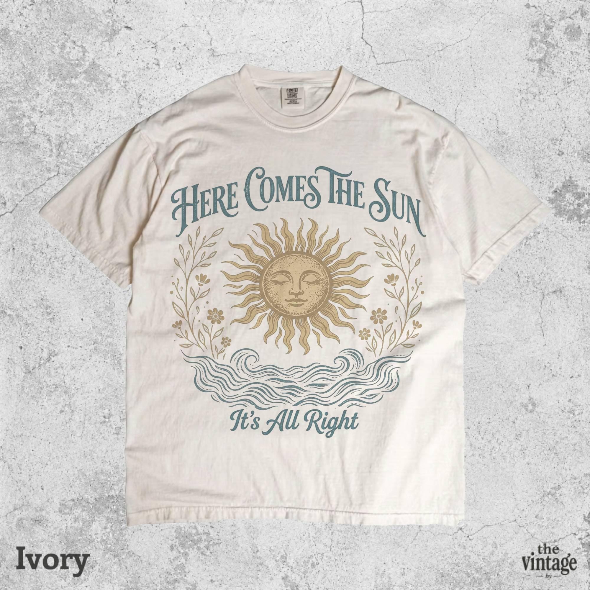 Boho Sun Vintage Shirt, Here Comes The Sun Graphic Tee, Retro Celestial Comfort Colors Shirt, Bohemian Rock Band Inspired T-Shirt