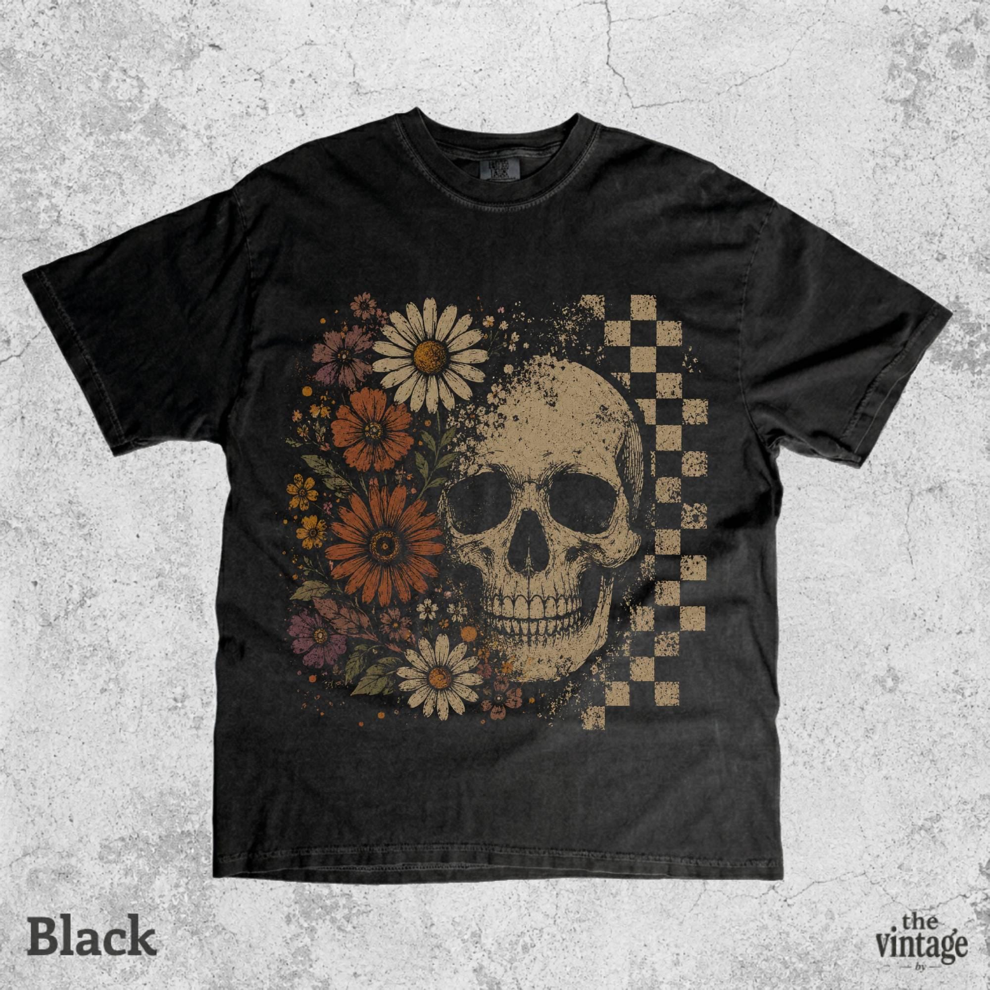 Boho Skull Graphic Tee, Vintage Grunge Comfort Colors Shirt, Retro Floral Skull Shirt, Checkered Goth Tee, Spooky Western Aesthetic Shirt