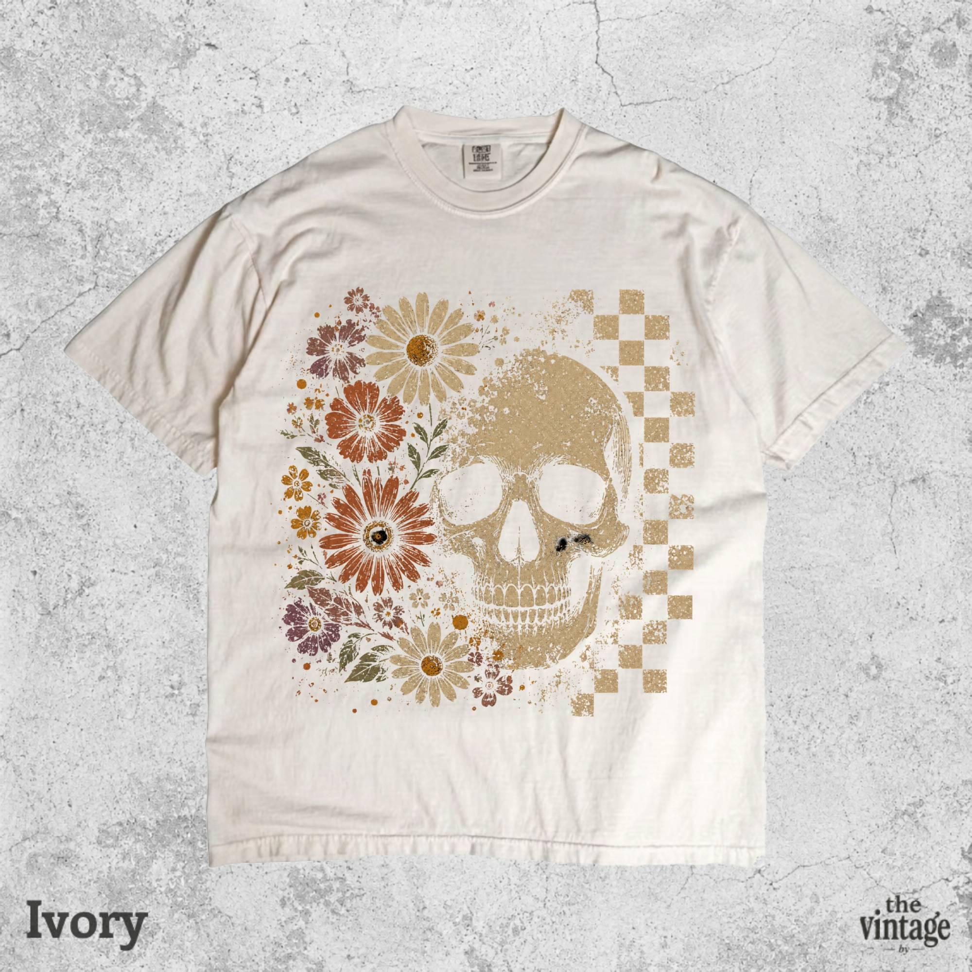 Boho Skull Graphic Tee, Vintage Grunge Comfort Colors Shirt, Retro Floral Skull Shirt, Checkered Goth Tee, Spooky Western Aesthetic Shirt