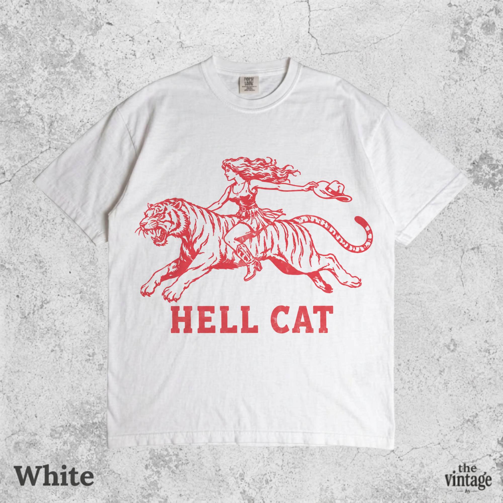 Vintage Hell Cat Shirt, Vintage Tiger Graphic Tee, Retro Cowgirl Western T-Shirt, Oversized Y2K Streetwear Shirt, Trendy Rodeo Aesthetic Tee