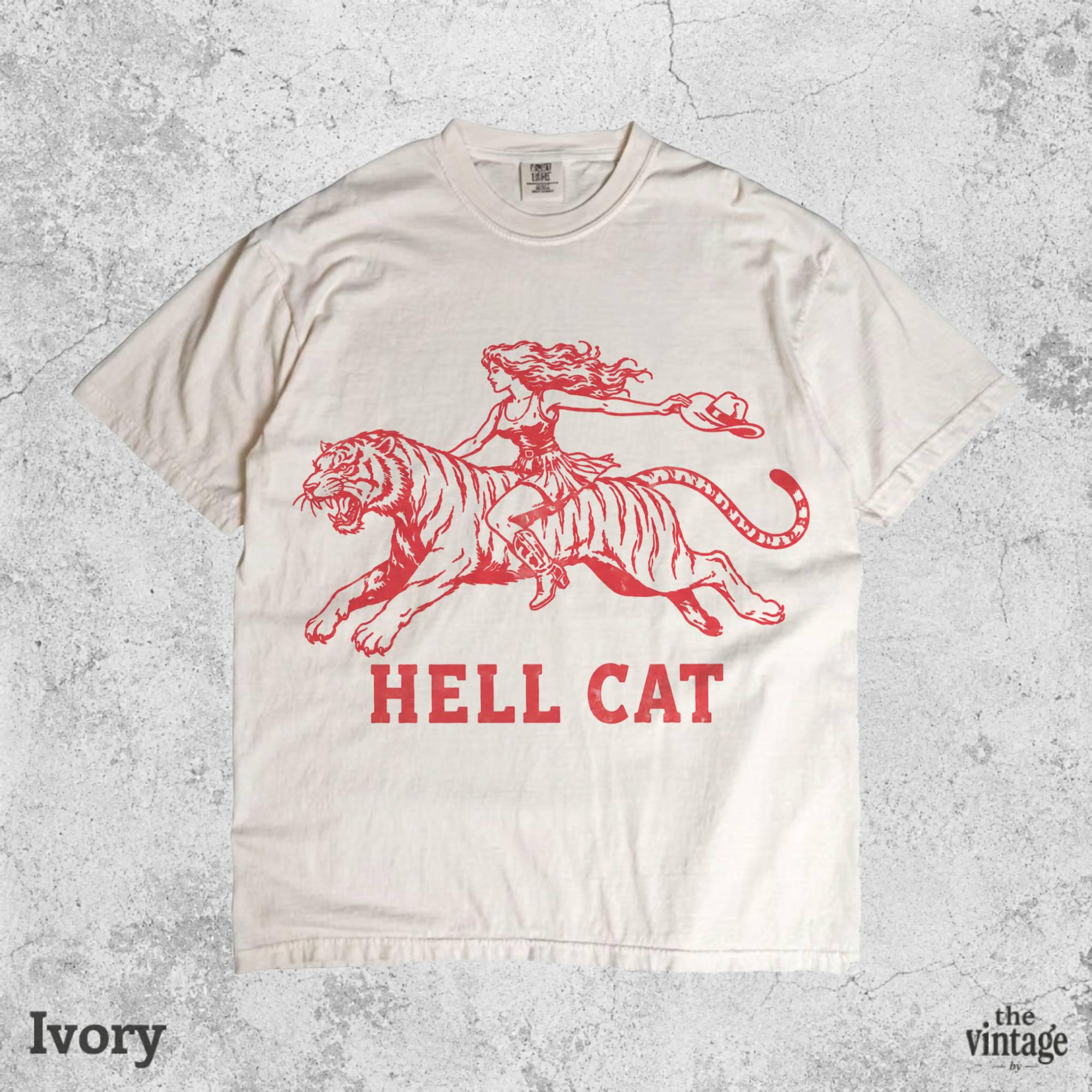 Vintage Hell Cat Shirt, Vintage Tiger Graphic Tee, Retro Cowgirl Western T-Shirt, Oversized Y2K Streetwear Shirt, Trendy Rodeo Aesthetic Tee