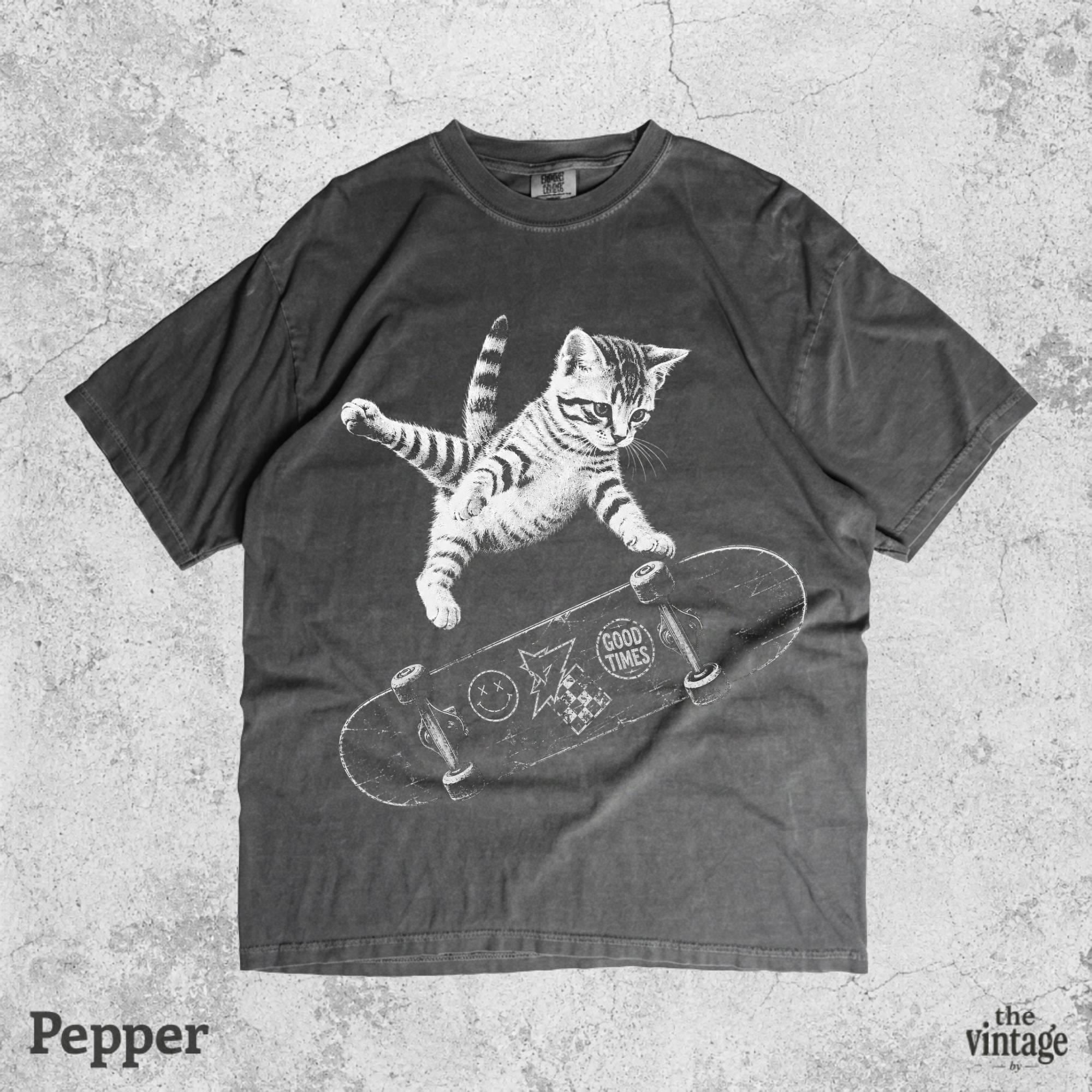 Vintage Retro Skateboarding Cat Graphic Tee, Comfort Colors Funny Kitten Shirt, Retro Skater Cat T-Shirt, Vintage Punk Streetwear Tee