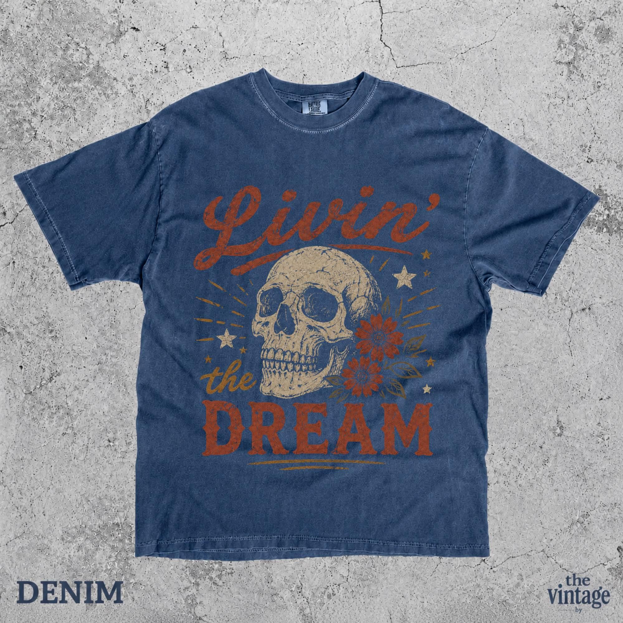 Livin The Dream Skull Vintage Graphic Tee, Retro Grunge Skull Shirt, Gothic Aesthetic Oversized T-Shirt, Distressed Rock Style Tee