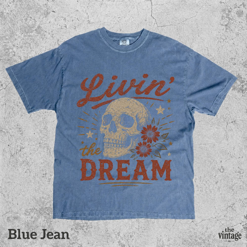 Livin The Dream Skull Vintage Graphic Tee, Retro Grunge Skull Shirt, Gothic Aesthetic Oversized T-Shirt, Distressed Rock Style Tee