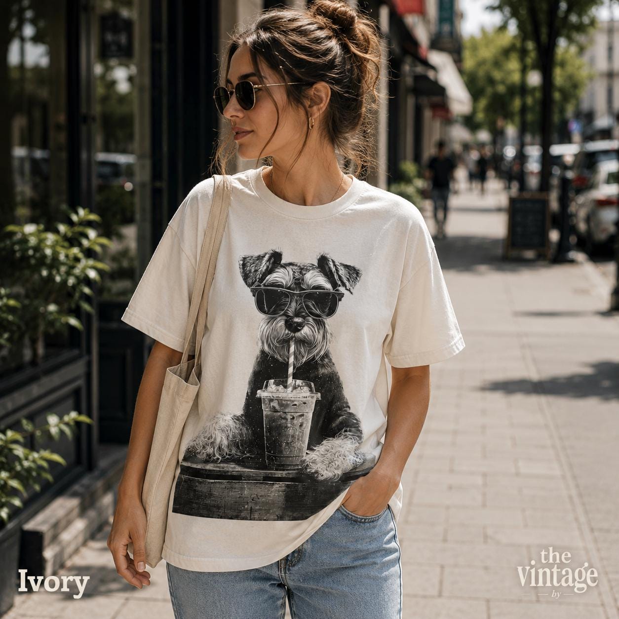 Vintage Retro Schnauzer Drinking Iced Coffee Graphic Tee | Comfort Colors Shirt | Funny Mini Schnauzer T-Shirt | Dog Lover Gift