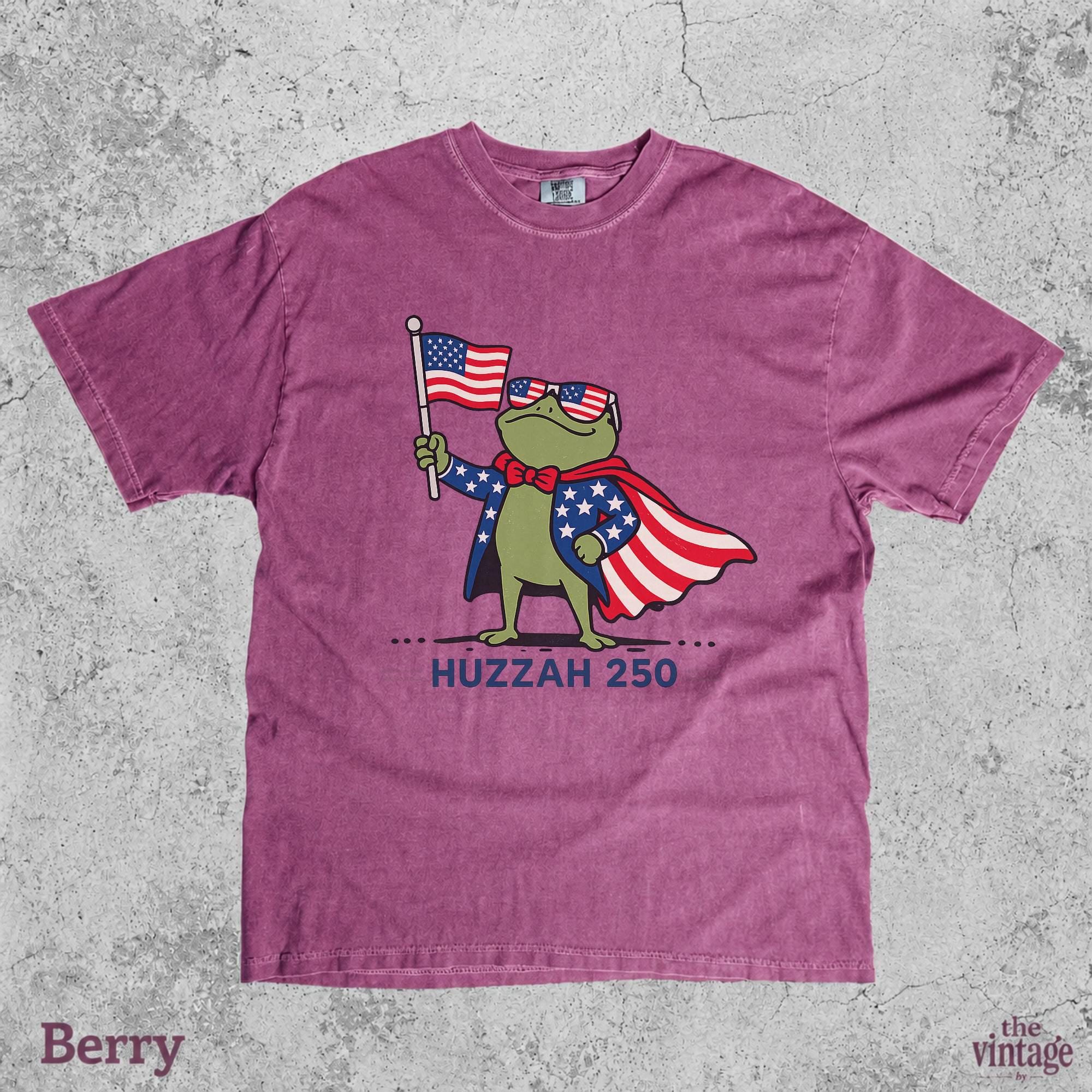 Huzzah 250 Funny Frog Vintage Retro Comfort Colors Shirt, 4th Of July Patriotic Frog Tee, USA 250th Anniversary Graphic Shirt, Independence