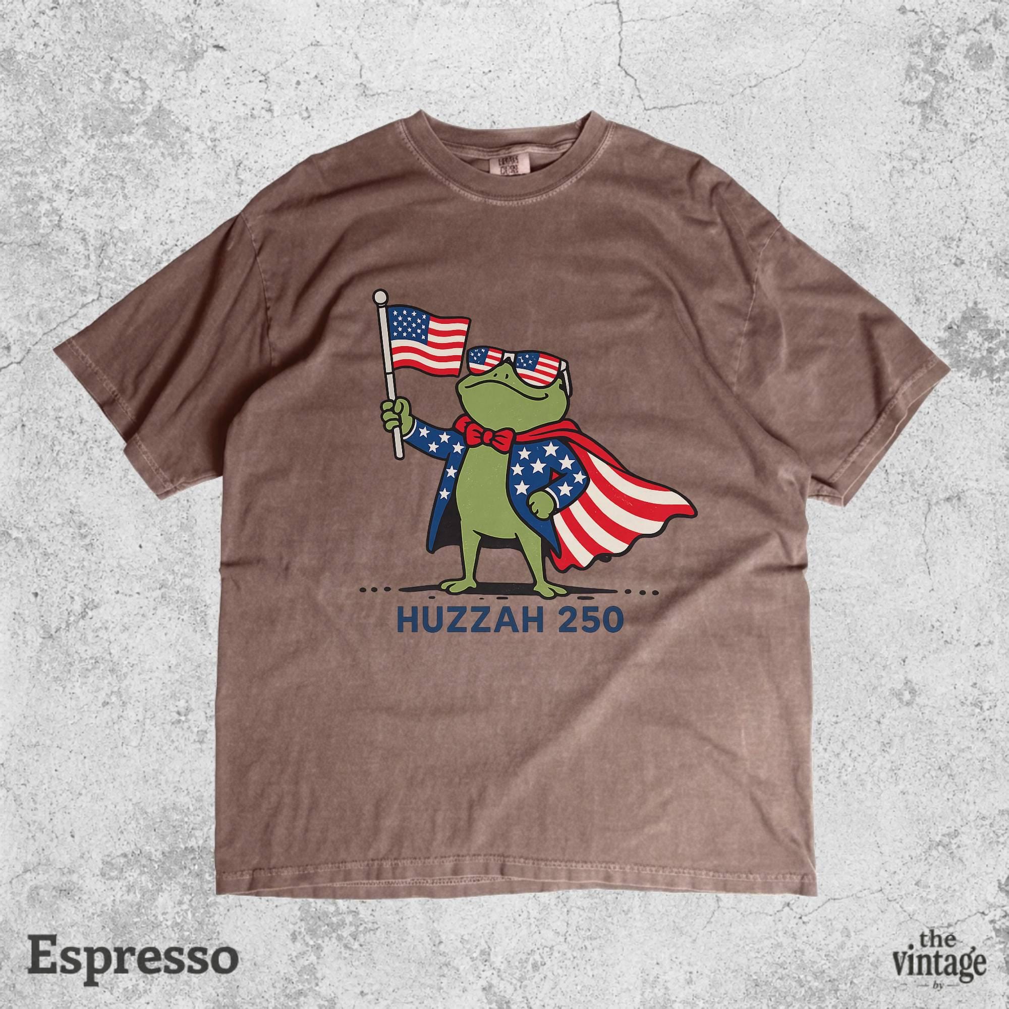 Huzzah 250 Funny Frog Vintage Retro Comfort Colors Shirt, 4th Of July Patriotic Frog Tee, USA 250th Anniversary Graphic Shirt, Independence