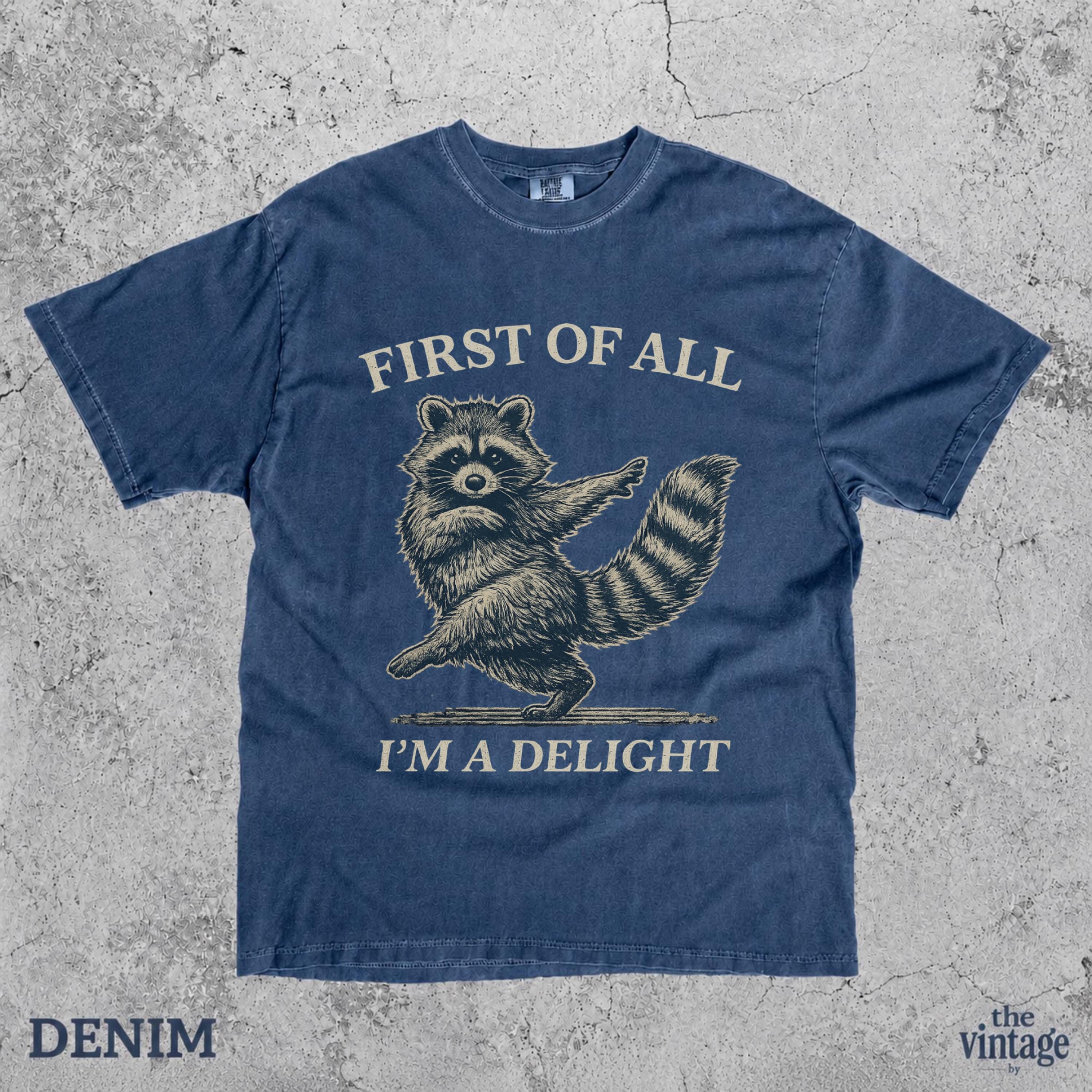Vintage Retro Raccoon Comfort Colors Shirt, First Of All I m A Delight Tee, Funny Raccoon Graphic T-Shirt, Sarcastic Animal Shirt, Retro Tee