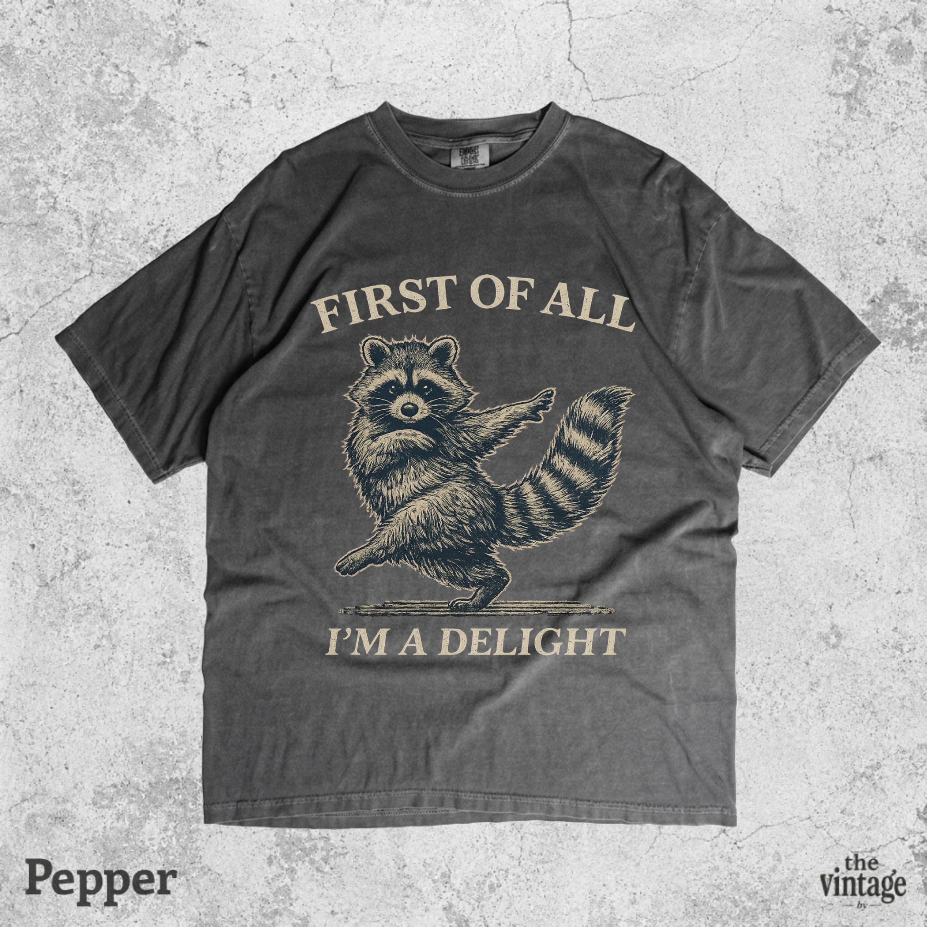 Vintage Retro Raccoon Comfort Colors Shirt, First Of All I m A Delight Tee, Funny Raccoon Graphic T-Shirt, Sarcastic Animal Shirt, Retro Tee
