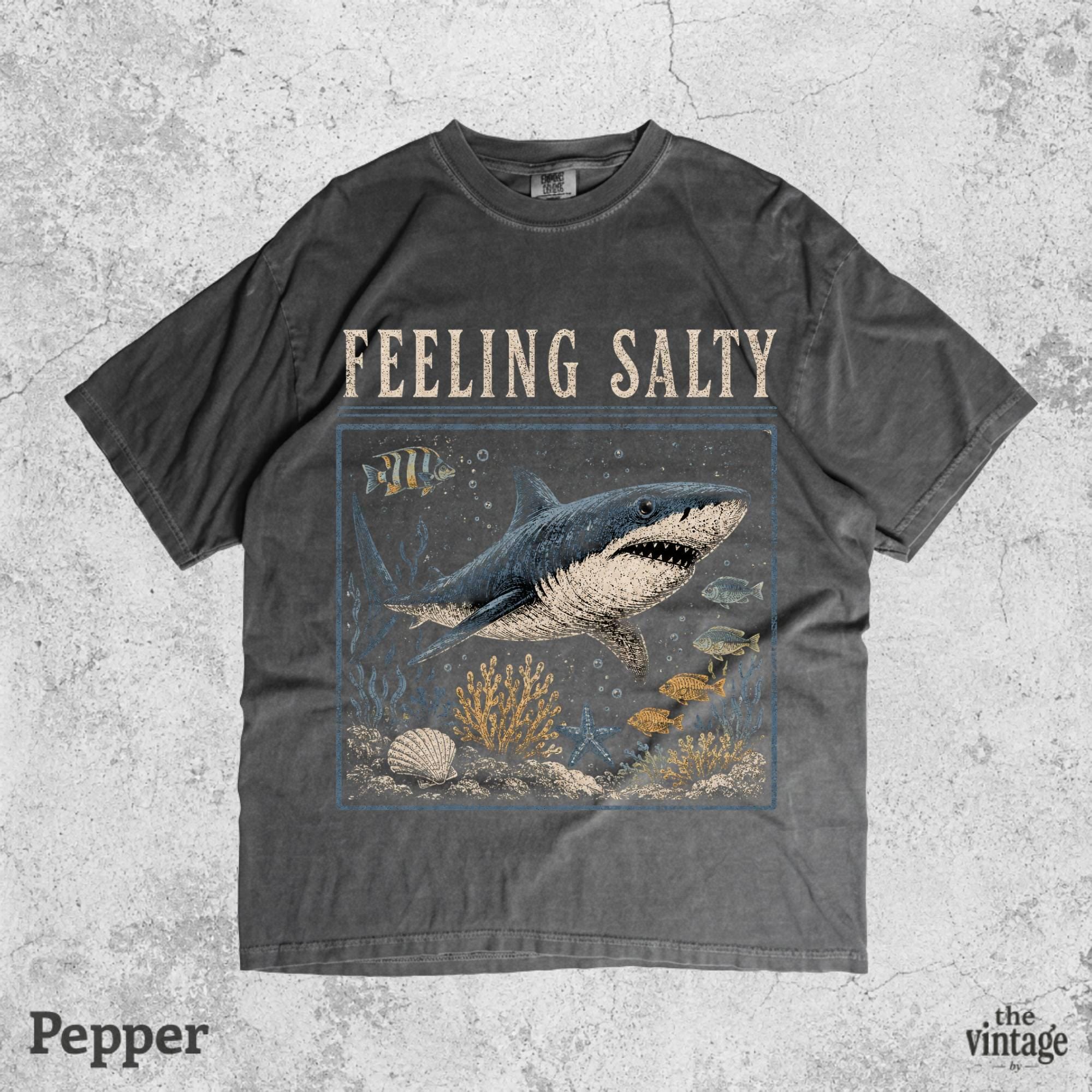 Feeling Salty Shark Shirt, Vintage Ocean Graphic Tee, Retro Beach Vibes Shirt, Coastal Summer T-Shirt, Marine Life Tee, Unisex Comfort Color