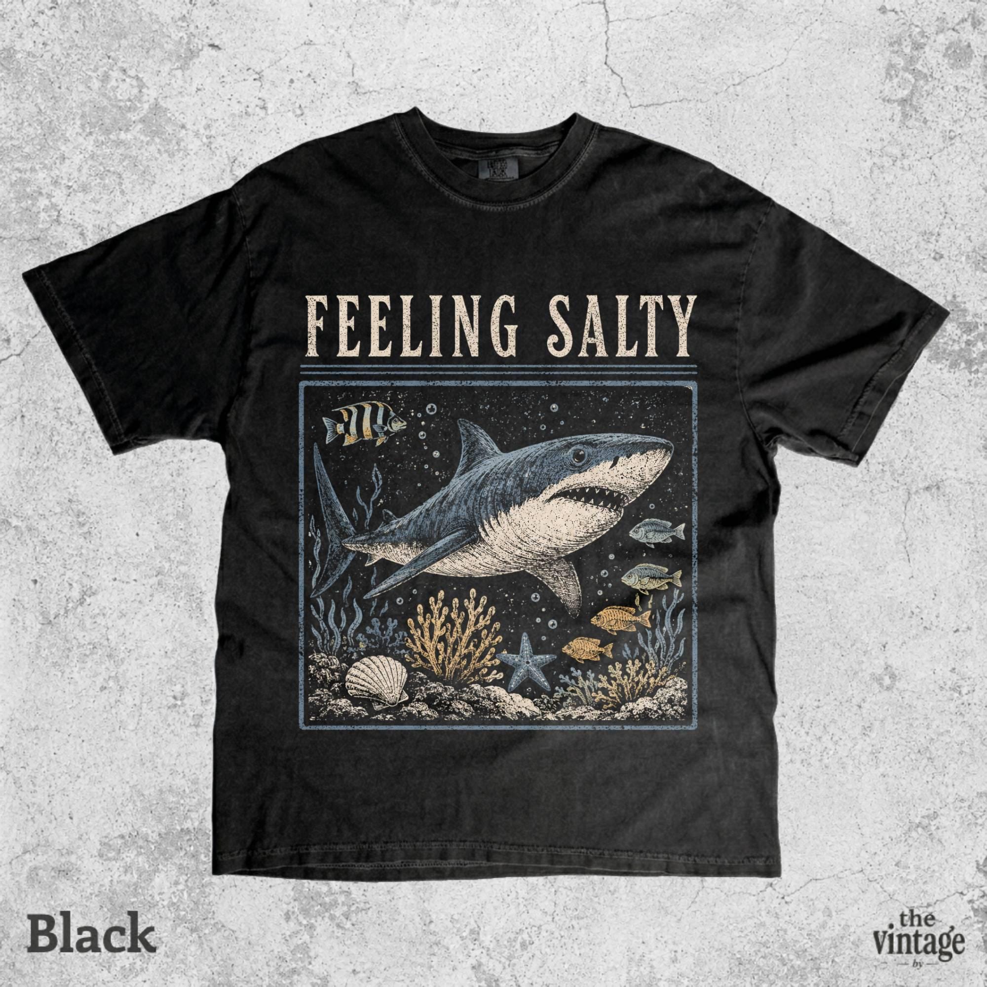 Feeling Salty Shark Shirt, Vintage Ocean Graphic Tee, Retro Beach Vibes Shirt, Coastal Summer T-Shirt, Marine Life Tee, Unisex Comfort Color