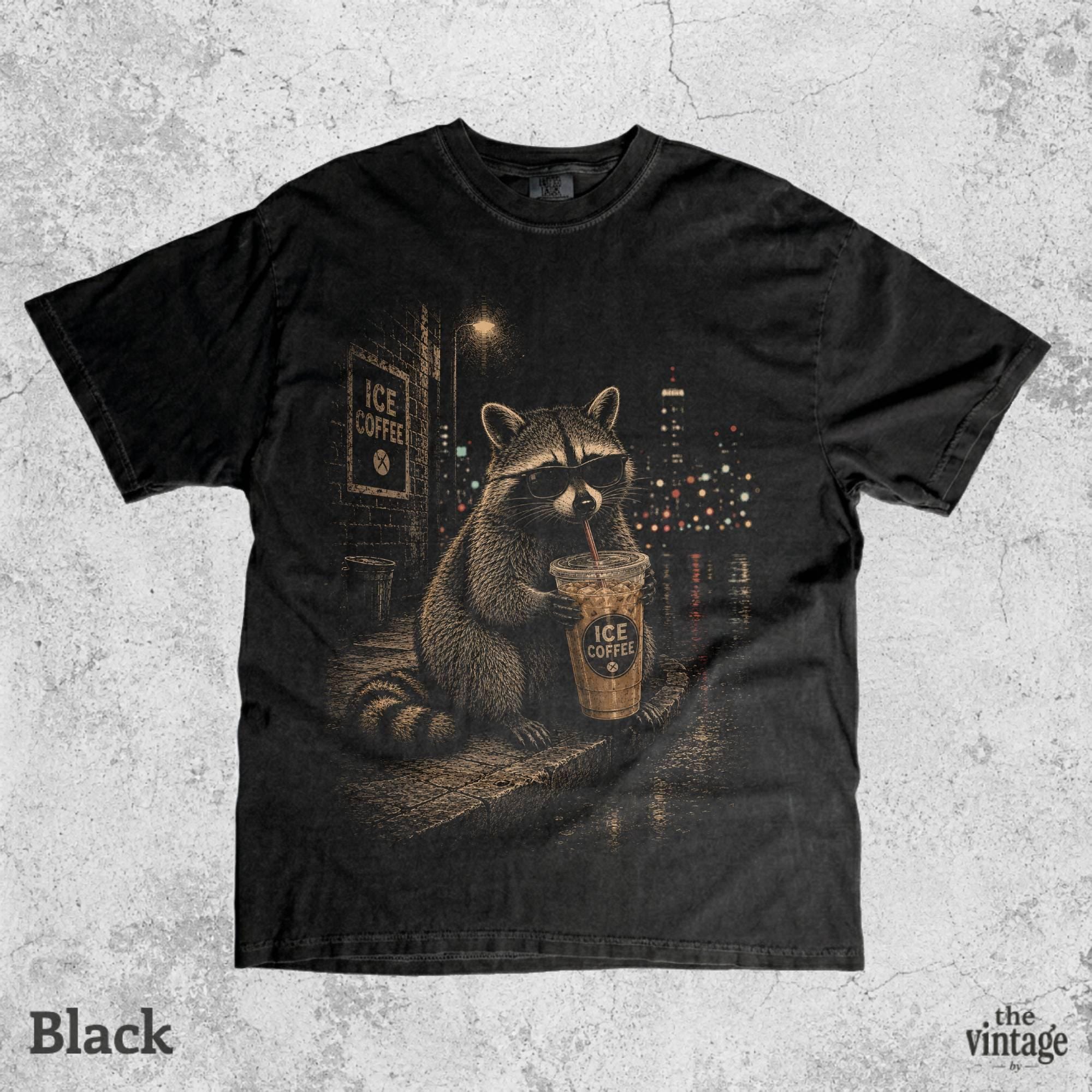 Vintage Retro Coffee Raccoon Graphic Tee | Comfort Colors Shirt | Old School Iced Coffee Raccoon T-Shirt | Funny Animal Coffee Lover Tee