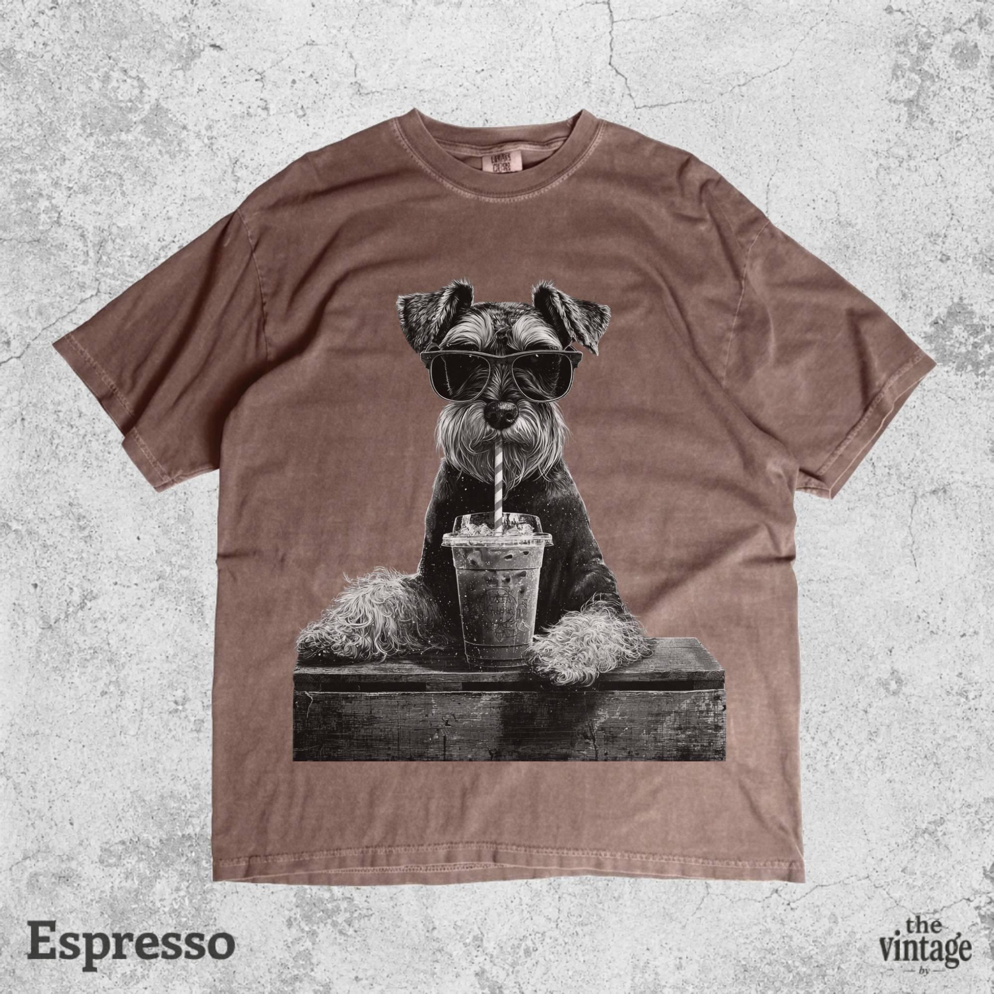 Vintage Retro Schnauzer Drinking Iced Coffee Graphic Tee | Comfort Colors Shirt | Funny Mini Schnauzer T-Shirt | Dog Lover Gift
