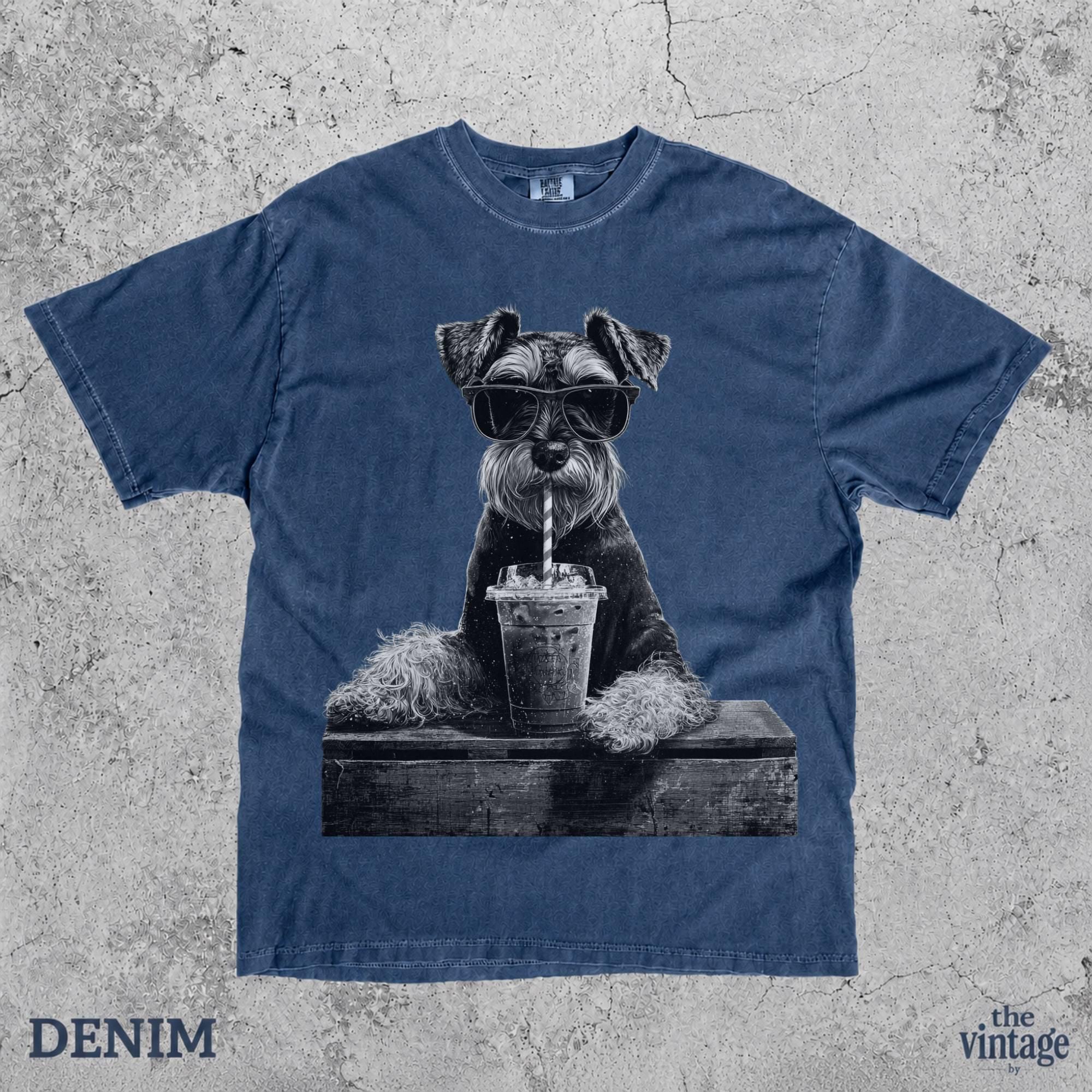 Vintage Retro Schnauzer Drinking Iced Coffee Graphic Tee | Comfort Colors Shirt | Funny Mini Schnauzer T-Shirt | Dog Lover Gift