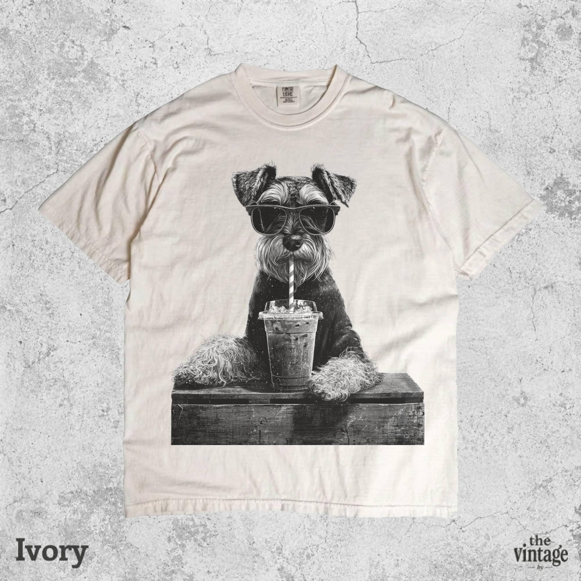 Vintage Retro Schnauzer Drinking Iced Coffee Graphic Tee | Comfort Colors Shirt | Funny Mini Schnauzer T-Shirt | Dog Lover Gift