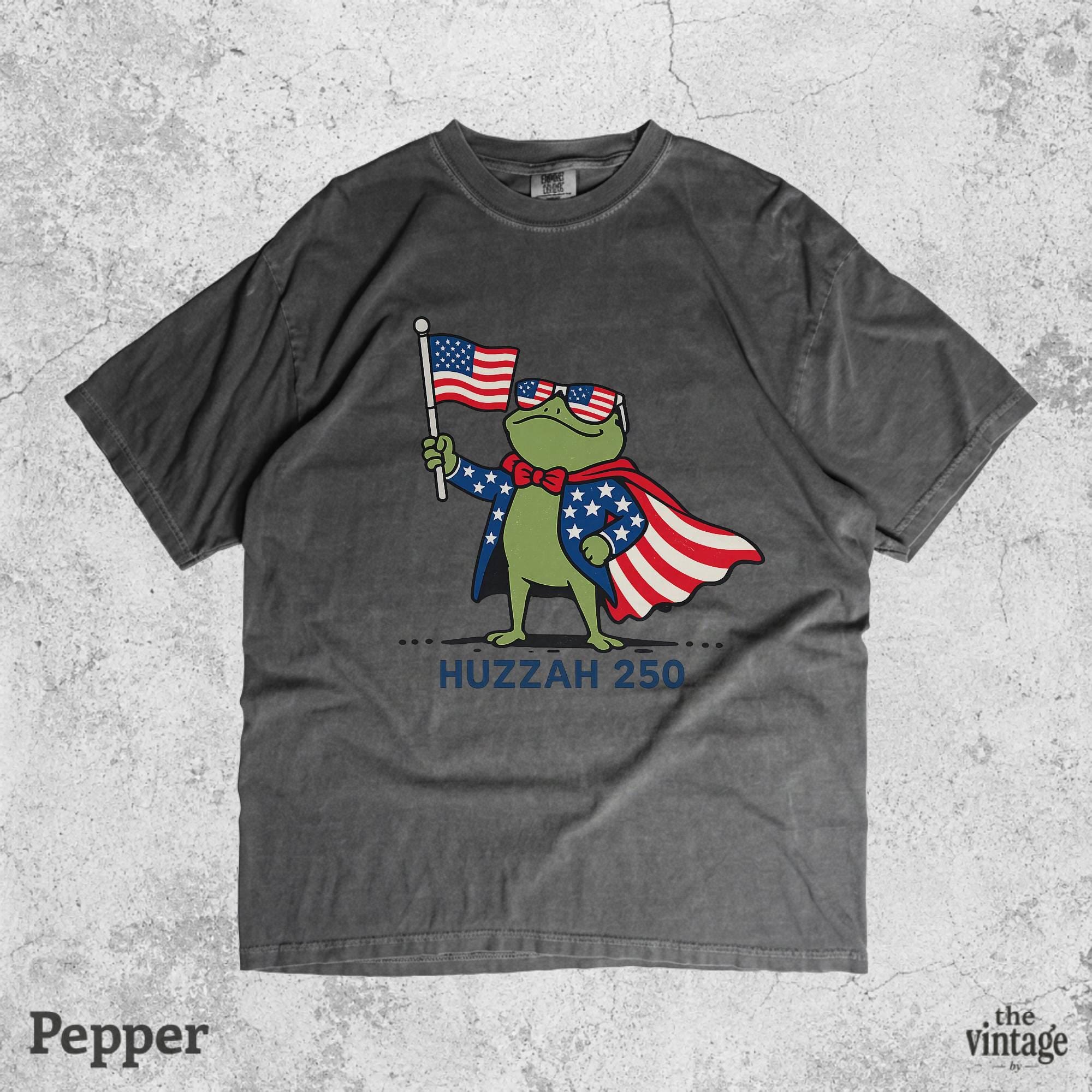Huzzah 250 Funny Frog Vintage Retro Comfort Colors Shirt, 4th Of July Patriotic Frog Tee, USA 250th Anniversary Graphic Shirt, Independence