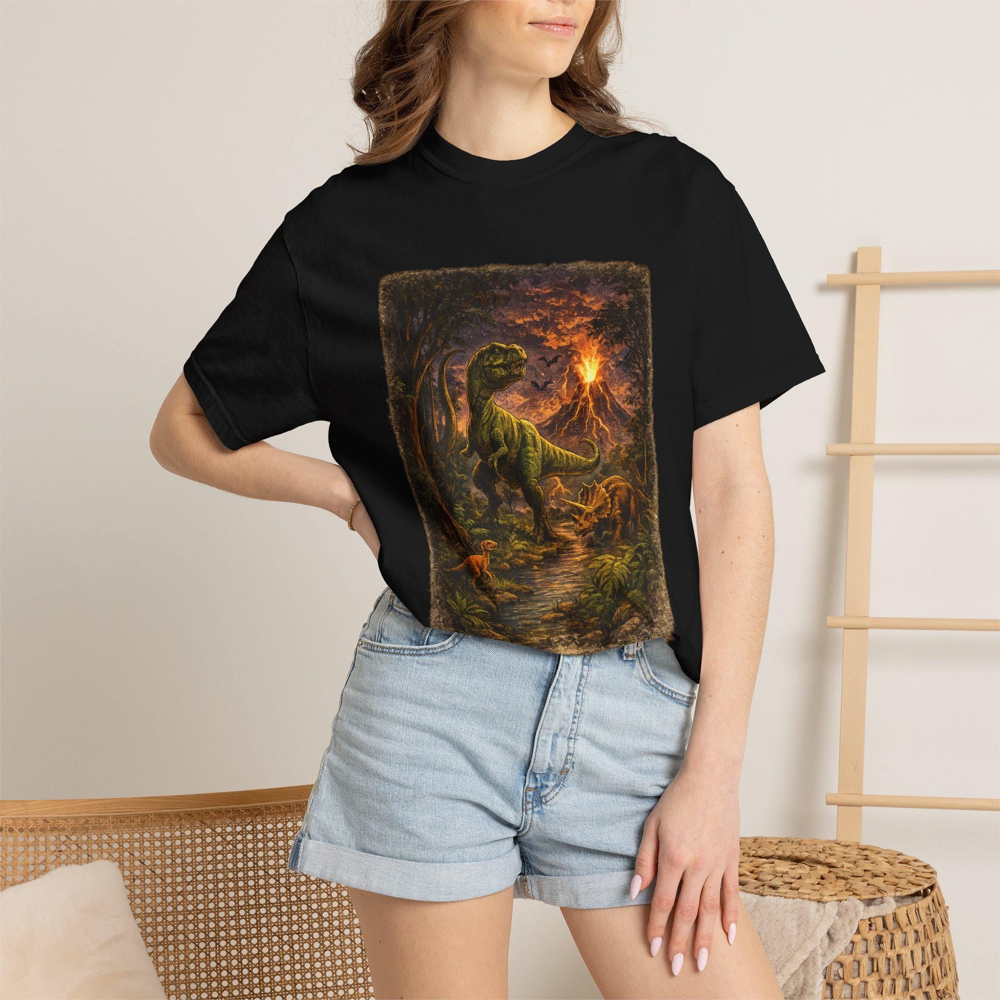 Vintage Retro Dinosaur Comfort Colors Shirt, Jurassic T Rex Graphic Tee, Prehistoric Volcano Art T Shirt, 90s Dino Lover Gift