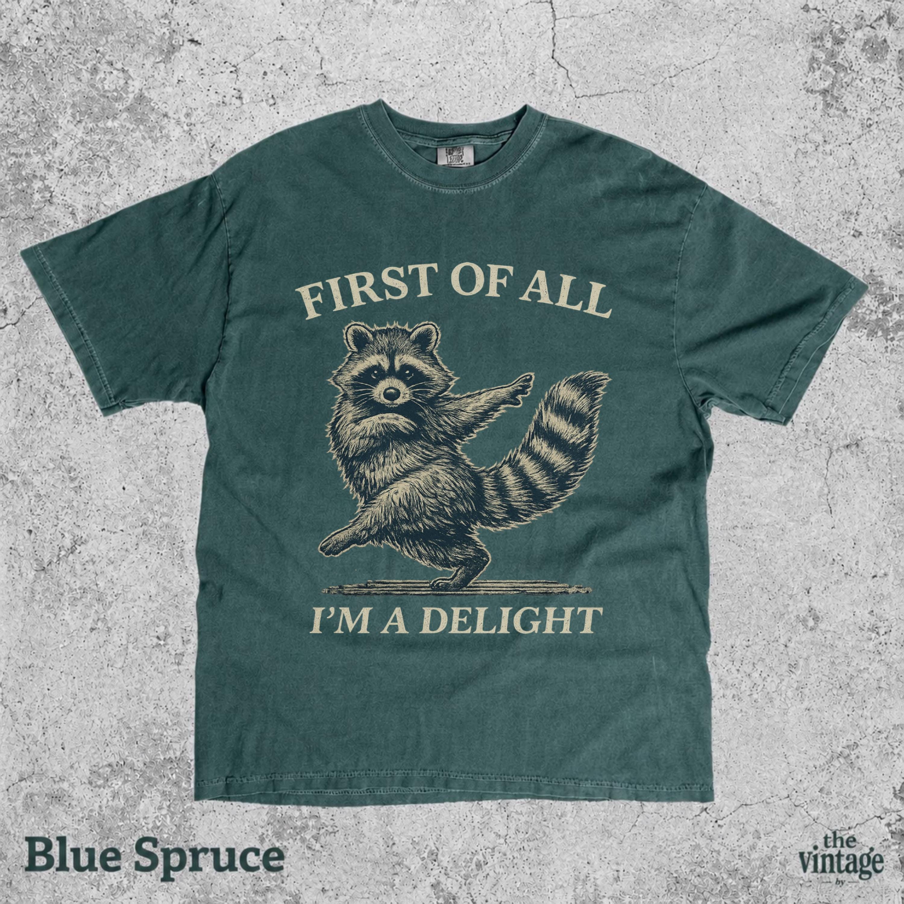 Vintage Retro Raccoon Comfort Colors Shirt, First Of All I m A Delight Tee, Funny Raccoon Graphic T-Shirt, Sarcastic Animal Shirt, Retro Tee
