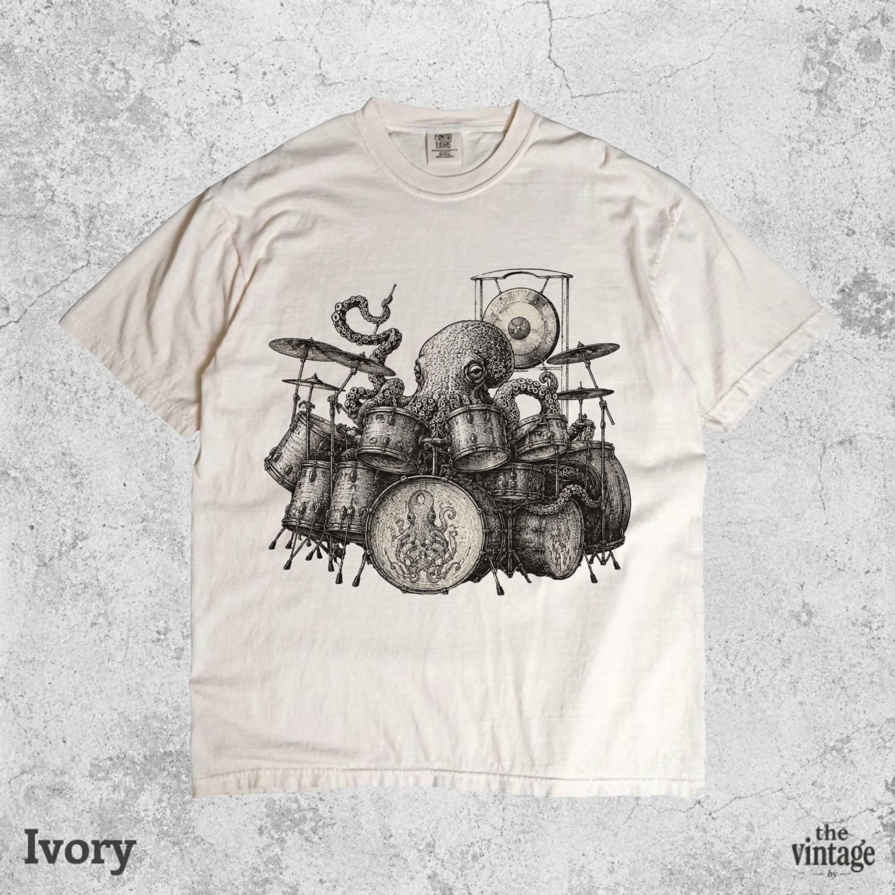 Vintage Retro Comfort Colors Octopus Playing Drums Shirt, Funny Drummer Gift Tee, Music Lover Graphic T-Shirt