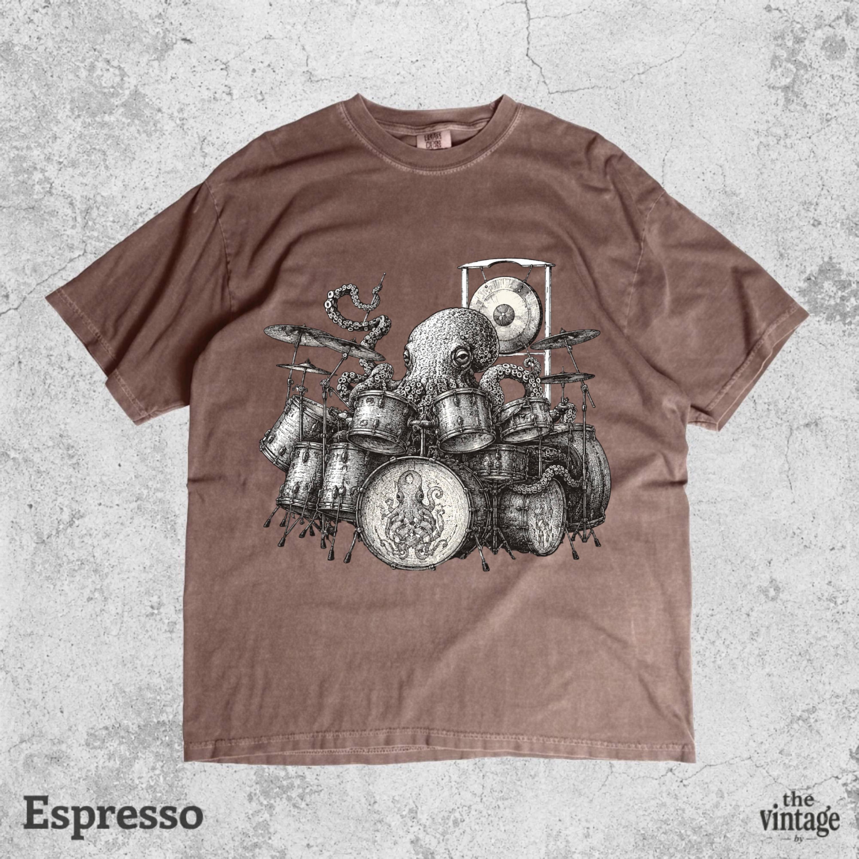 Vintage Retro Comfort Colors Octopus Playing Drums Shirt, Funny Drummer Gift Tee, Music Lover Graphic T-Shirt